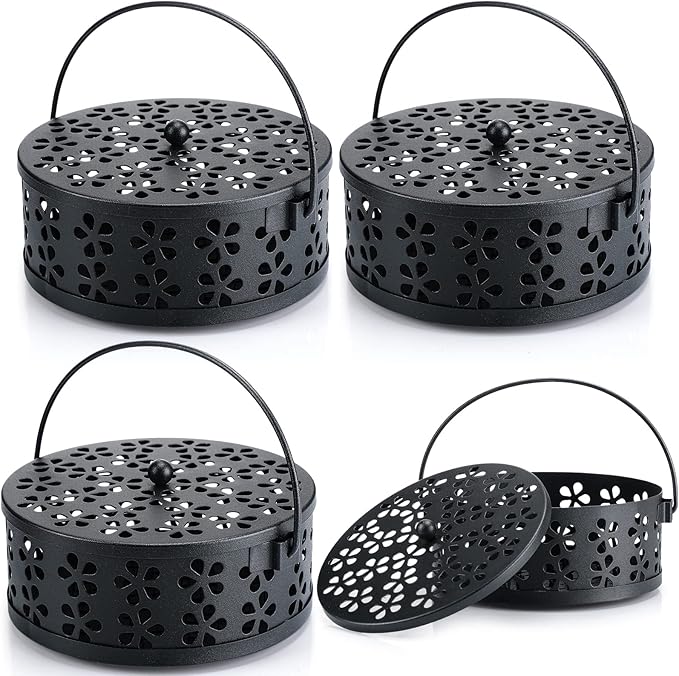 Lallisa 4 Pieces Mosquito Coil Holder Incense Coil Holder Retro Portable Metal Hanging Incense Burner with Handle Round for Home Camping Indoor Outdoor Patio(Black)