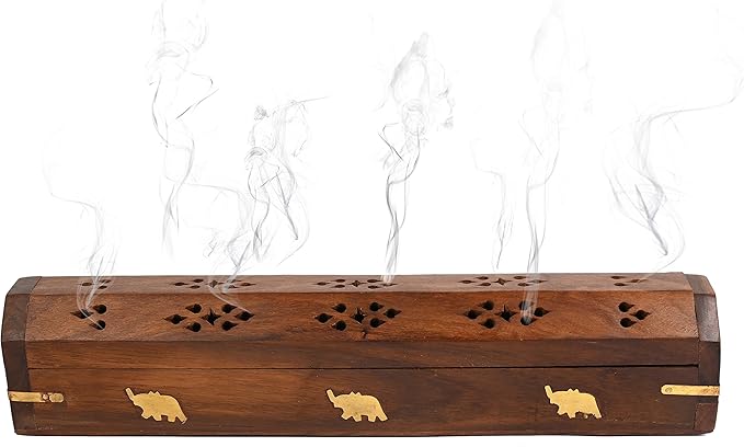 Incense Garden Pack of 2 Incense Stick Holder - Coffin Style - Wood Incense Stick Burner with Elephant Inlays (Natural) Handmade with Brass Inlays