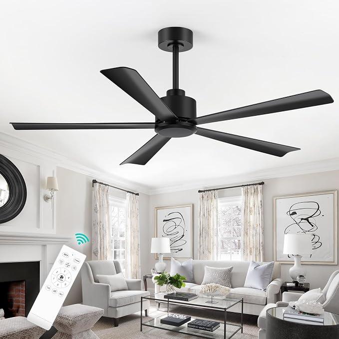52 inch 5 Blade Ceiling Fans without Light Remote Control, Quiet Reversible DC Motor, 5 Black Blades, 6-Speed, Industrial Ceiling Fan for Home Kitchen (Black)