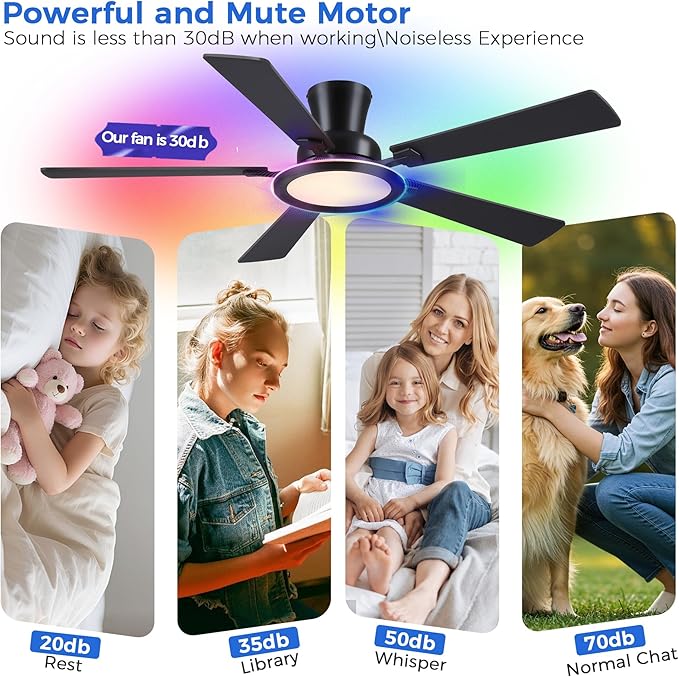 Ayaoty Ceiling Fans with Lights - 52in Flush Mount Ceiling Fan with RGB Dimmable, 3CCT 6 Wind Speeds and Reversible Quiet Motor, Low Profile RGB Fan Light for Modern Indoor, Party - Black