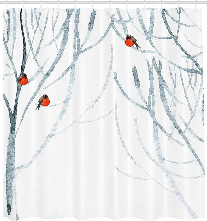 Ambesonne Modern Shower Curtain, Trees Water Colored Image of Winter Woods with Bullfinches Print, Cloth Fabric Bathroom Decor Set with Hooks, 69" W x 84" L, Pale Grey White
