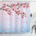 Ambesonne Nature Shower Curtain, Sakura Twig Blossom Leaves on Background of Colorful Flying Petals Flourish, Cloth Fabric Bathroom Decor Set with Hooks, 69" W x 70" L, Pink Blue Green