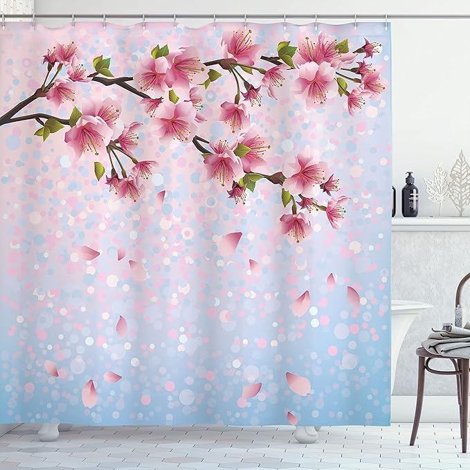 Ambesonne Nature Shower Curtain, Sakura Twig Blossom Leaves on Background of Colorful Flying Petals Flourish, Cloth Fabric Bathroom Decor Set with Hooks, 69" W x 70" L, Pink Blue Green