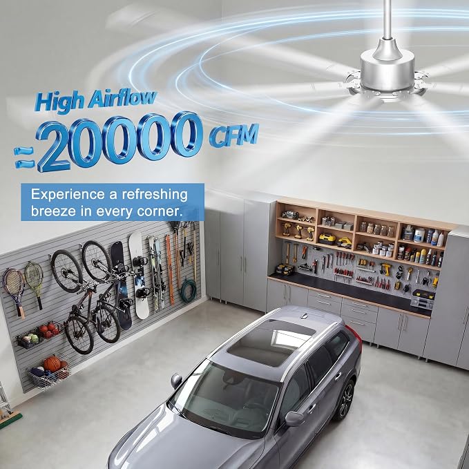Ohniyou 108'' Industrial Ceiling Fan No Light for Warehouse, Silver | 20000 CFM Airflow, 7 Aluminum Blades, Remote/APP Control, 6 Speeds, Reverse Mode, Large Commercial Metal Fan for Barn, Shop