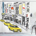 Ambesonne Modern Shower Curtain, Times Square New York with People in Street Taxi Cabs Traffic Fashion Illustration, Cloth Fabric Bathroom Decor Set with Hooks, 69" W x 75" L, Charcoal Yellow