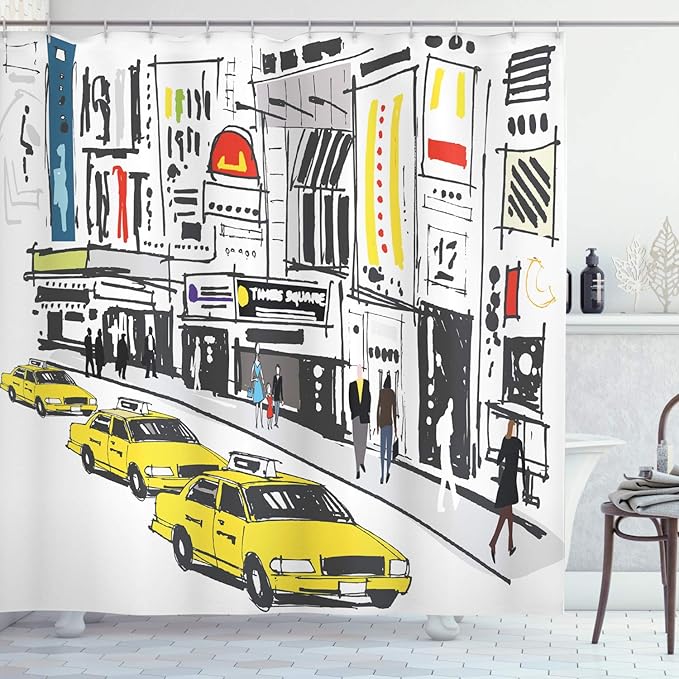 Ambesonne Modern Shower Curtain, Times Square New York with People in Street Taxi Cabs Traffic Fashion Illustration, Cloth Fabric Bathroom Decor Set with Hooks, 69" W x 75" L, Charcoal Yellow