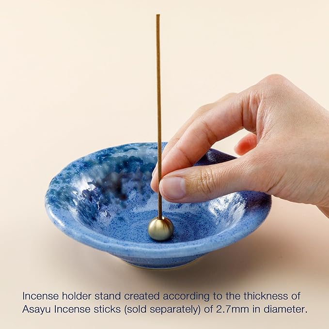 Asayu Japanese Small Incense Holder for Sticks 4.88 inch (124mm), Traditional Made in Japan Ceramic Ash Catcher and Brass Incense Burner Set - Blue