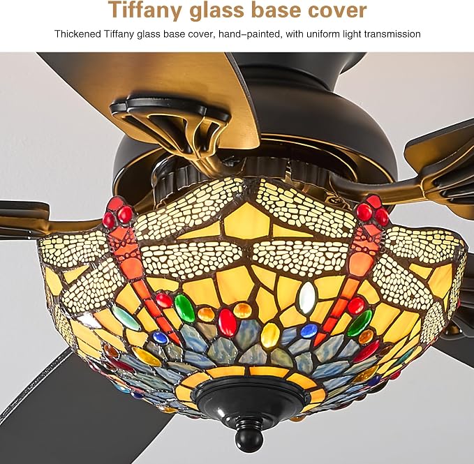 Tiffany Ceiling Fans with Lights - 52" Ceiling Fan Chandelier with 5 Dual-Blades and Glass Shade, 6 Speeds and Reversible, Indoor and Outdoor, Retro Style