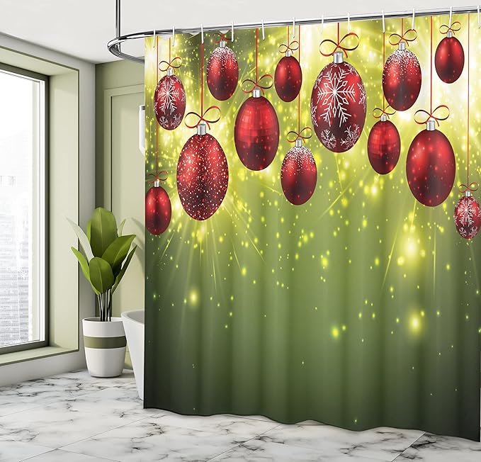 Ambesonne Christmas Shower Curtain, Vibrant Colored New Year Design Psychedelic Digital Effects and Baubles Print, Cloth Fabric Bathroom Decor Set with Hooks, 69" W x 75" L, Green Red