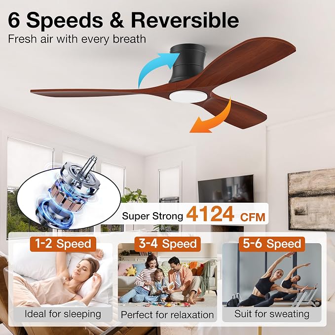 52” Wood Low Profile Ceiling Fans with Lights,Smart Control with Alexa App Remote,Outdoor Indoor Flush Mount Ceiling Fan for Modern Bedroom Patio,Brown Wood& Black,3 Blades,Dimmable,6 Speed,Noiseless