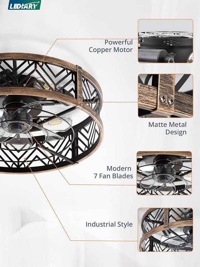 LEDIARY 20" Caged Ceiling Fan with Light, Small Flush Mount, App&Remote Control, Low Profile Bladeless Fan Light Fixture 6 Speed, Reversible and Quiet Motor-Black Gold