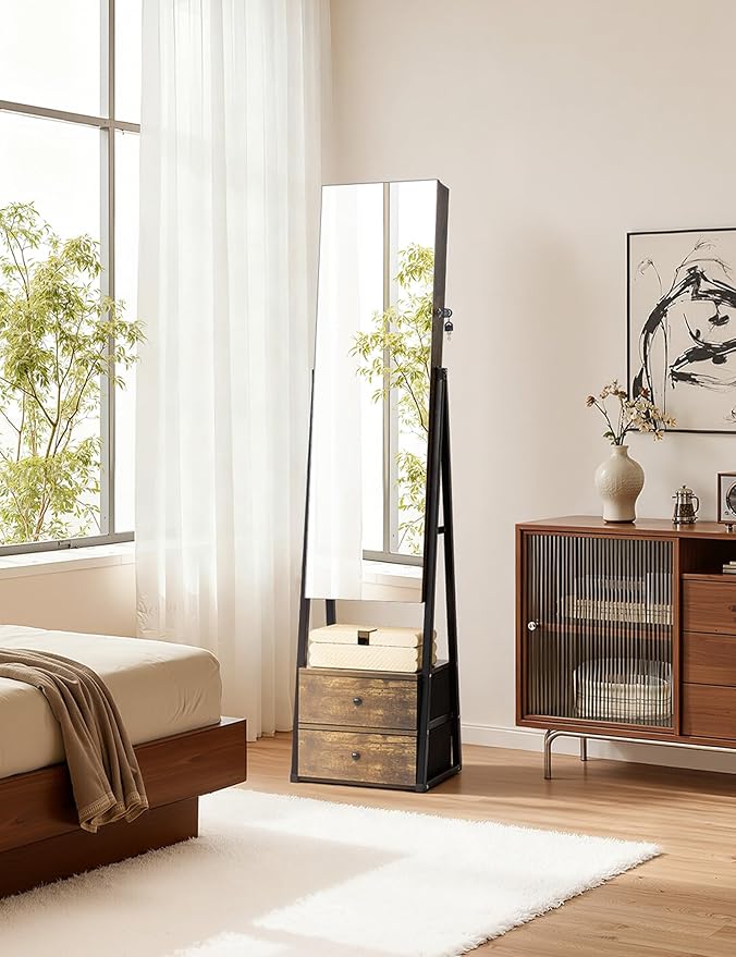 Nicetree Jewelry Cabinet Armoire with 2 Drawers, Lockable Standing Jewelry Mirror Cabinet, Full Length Mirror with Jewelry Storage, Rustic Brown