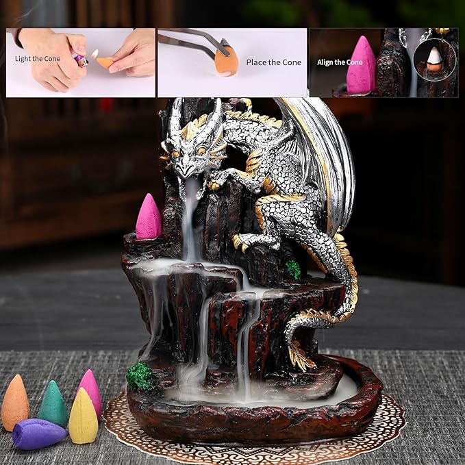 Dragon Backflow 2 Sided Mountain Waterfall Incense Burner,Fountain Smoke Incense Holder with Backflow Incense Cones, Tweezers, Mat，Resin Aromatherapy Meditationvaiuk (Silver)