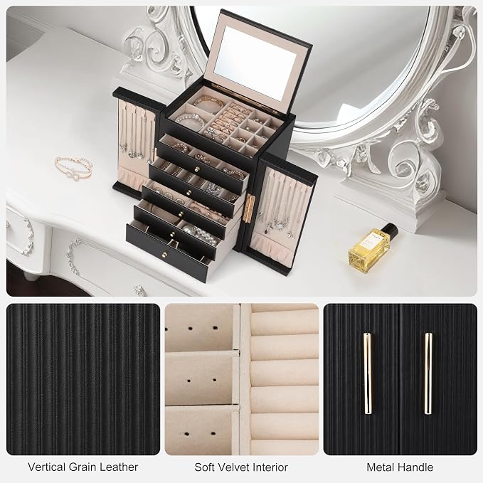 Dajasan Large Jewelry Organizer Box, 6-Tier Jewelry Storage Case with 5 Drawers, Jewelry Boxes for Women Girls with Mirror, Double Door, Textured PU Leather, Gift Idea, Stylish (Black + Gold)