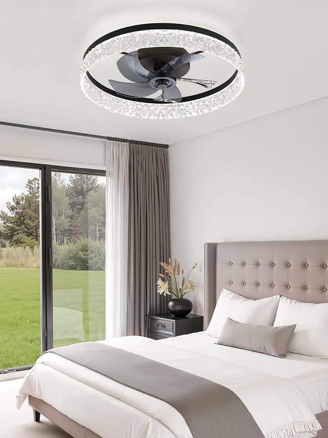 LEDIARY 22 Inch Ceiling Fans with Lights and Remote, Fandelier Low Profile Ceiling Fan, 3000K-6000K Dimmable Flush Mount LED Fan Light, Black Modern Ceiling Fans with Lights for Bedroom