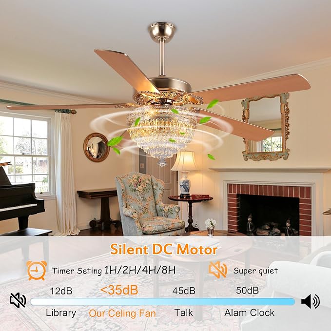 GJeg Crystal Ceiling Fan Fandelier with Lights - Retro Outdoor Fans with Remote Control, Farmhouse Ceiling Fan with Noiseless DC Reversible Motor,Dining Room,Living Room(62" Gold)