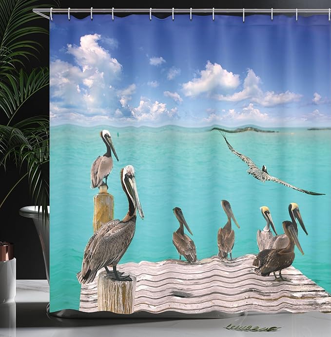 Ambesonne Landscape Shower Curtain, Tropical Sea View with Exotic Birds Pelicans Caribbean Beach Tranquil Photo, Cloth Fabric Bathroom Decor Set with Hooks, 69" W x 75" L, Blue Aqua
