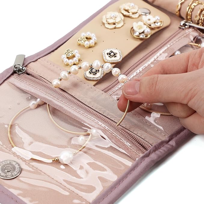 BELALIFE Travel Jewelry Case, Jewelry Organizer Roll for Accessories | Bag with foldable roll design for earrings, necklaces, rings, bracelets and brooches,Peach-Pink