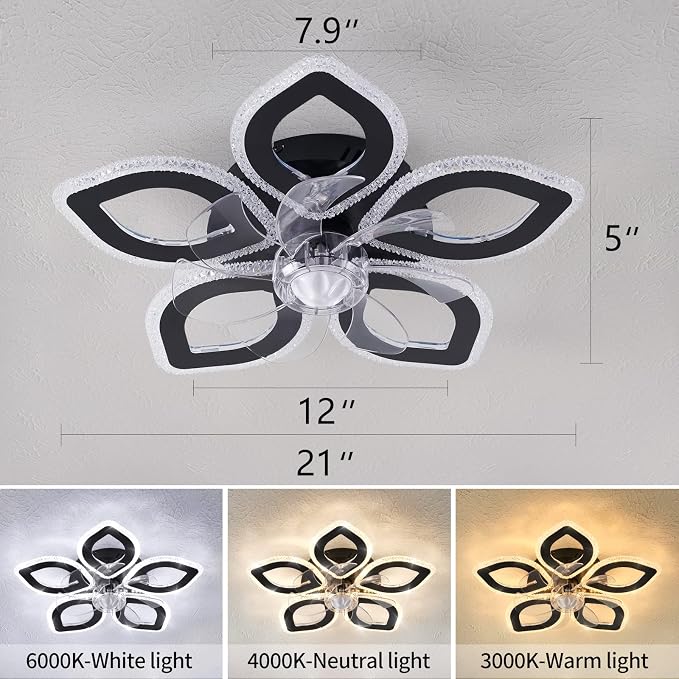 Dalouguan 21-Inch Ceiling Fan with Lights and Remote Control, Black Geometric, 6 Wind Speeds, 3 Light Color, Low Profile, Flush Mount, for Kitchen, Bedroom, Living Room