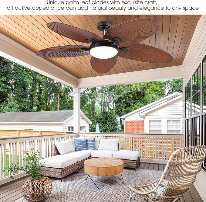 62" Large Brown Tropical Style Palm Leaf Ceiling Fans with Lights & Remote | Super Large Airflow with 6 Wind Speeds,Reversible,3 LED Light Colors,50W Quiet DC Motor,4H Timer,Suits for Living Room Patio