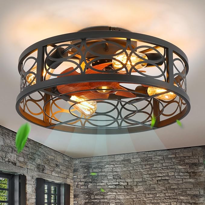 20" Caged Ceiling Fan with Light and Remote，Bladeless Ceiling Fan 6 Speed Reversible with 4 Bulbs and Remote Control.Low Profile Ceiling Fans with Lights for Bedroom, Dining Room