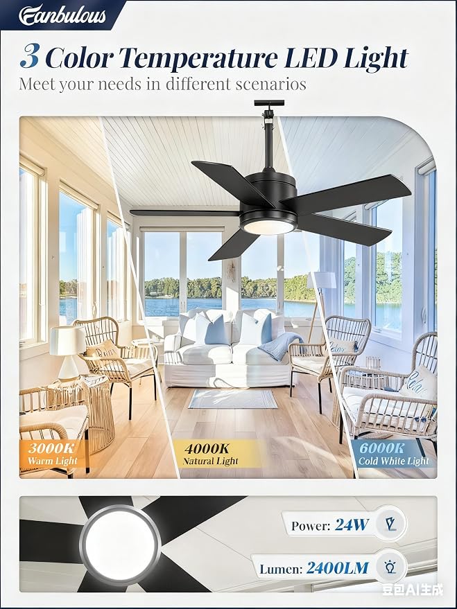 Fanbulous 42" Outdoor Ceiling Fan with Light and Remote, IP65 Waterproof, Plug-in Design with 10FT Cord, 6-Speeds, 3CCT, Hook Hanging Fan for Gazebo Patio Porch Garage Canopy(Black)