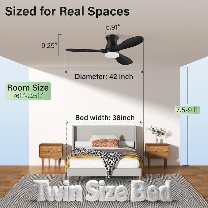 42" Wood Ceiling Fans with Lights, Smart Control by Remote Alexa APP,Quiet DC Motor,Modern Flush Mount Hugger Ceiling Fan for Low Profile Bedroom,Patio,Outdoor Indoor,Matte Black,Dim,6 Speed,3 Blade