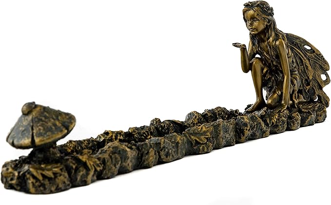 Top Collection Fairy and Mushroom Incense Holder-Hand Painted Mythical Creature with Bronze Finish Look - 10-Inch Collectible Figurine