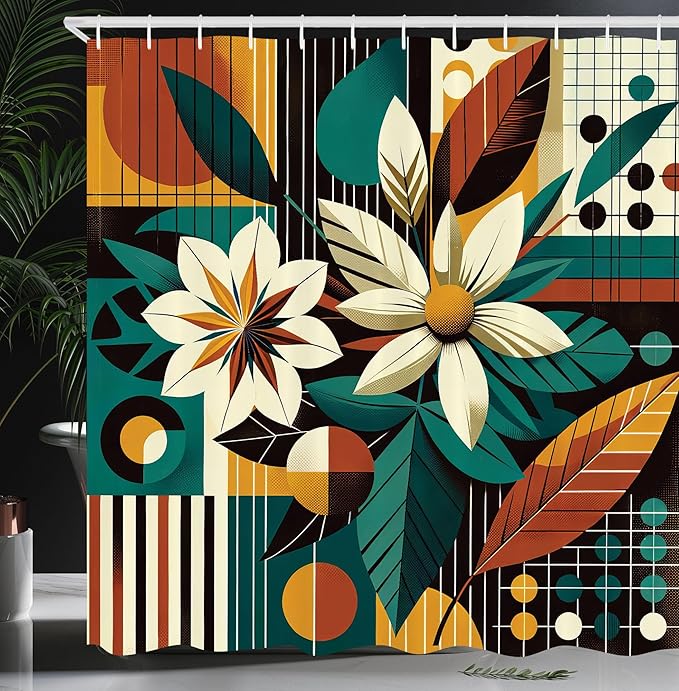 Ambesonne Mid Century Modern Shower Curtain, Retro Flowers Paint with Vertical and Horizontal Lines, Cloth Fabric Bathroom Decor Set with Hooks, 69" W x 84" L, Amber Jade Green Eggshell