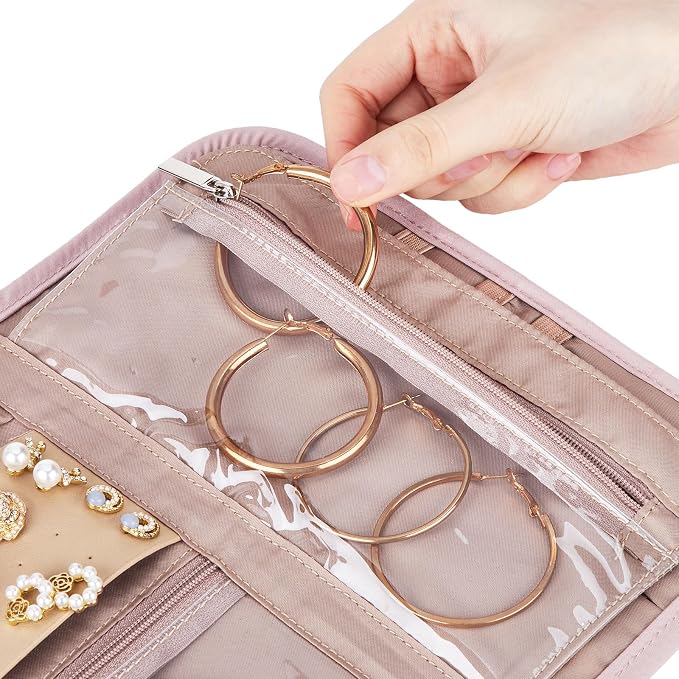 BELALIFE Travel Jewelry Case, Jewelry Organizer Roll for Accessories | Bag with foldable roll design for earrings, necklaces, rings, bracelets and brooches,Pink