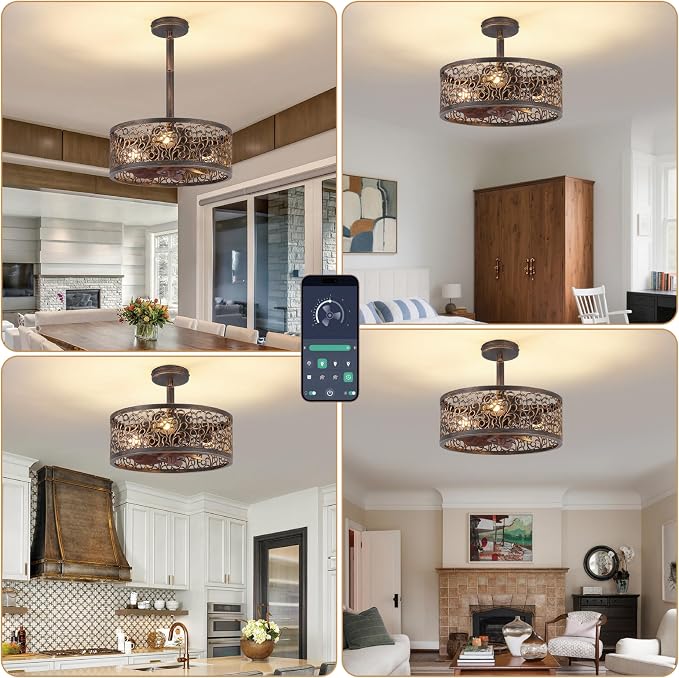 COCOSTAR Vintage Chandelier Ceiling Fan with Light: Bronze Caged Fandelier | Smart Remote/APP,Enclosed,Sloped Ceiling,15" Rustic Fan with Small Ceiling Fixtures for Kitchen Bedroom Living Dining Room