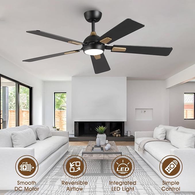 52 Inch Ceiling Fan with Lights and Remote, DC Motor Quiet 6-Speed Reversible Fan, Dimmable LED 3000K/4000K/6000K, Smart APP Control, Modern Black & Gold Ceiling Fan for Bedroom Living Room