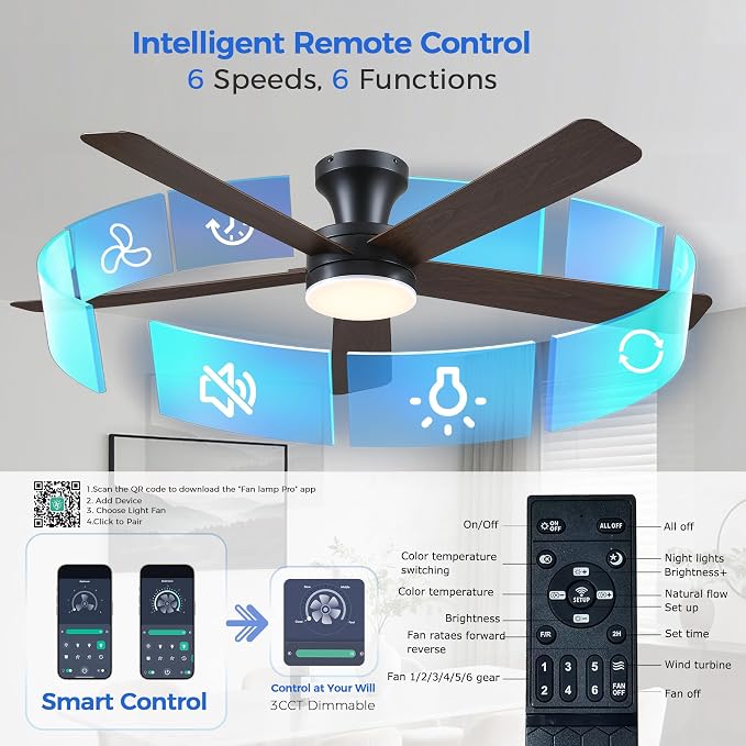 Ayaoty 46" Ceiling Fans with Lights and Remote - Flush Mount Ceiling Fan Light with ABS Blades and 3CCT Dimmable, Reversible, Low Profile Fan Light for Indoor Modern Bedroom, Kitchen, Brown