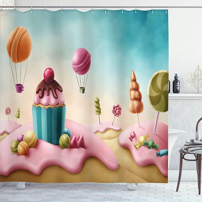 Ambesonne Fantasy Shower Curtain, Surreal Candyland Cupcake Bonbon Lollipops Food Delicious Sweets, Cloth Fabric Bathroom Decor Set with Hooks, 69" W x 70" L, Aqua Pink