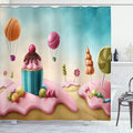 Ambesonne Fantasy Shower Curtain, A Surreal Candyland Cupcake with Bonbon and Lollipops Inspired by Food Delicious Theme of Art, Cloth Fabric Bathroom Decor Set with Hooks, 69" W x 84" L, Aqua Pink