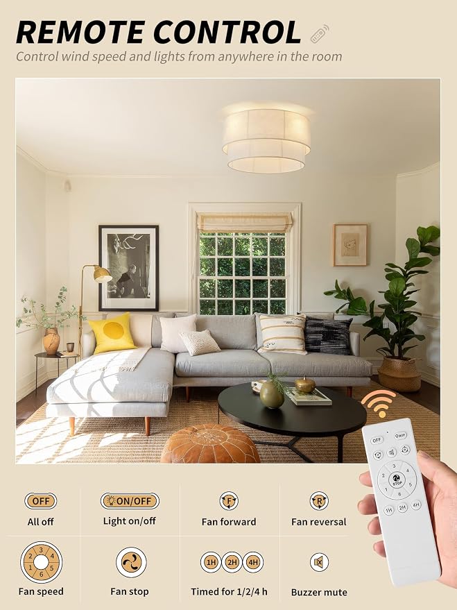 SYDACG Ceiling Fan with Lights Flush Mount, 20" Low Profile Boho Ceiling Fan with Light Remote Control, Bladeless Rattan 6 Speeds for Bedroom, Living Room, Nursery