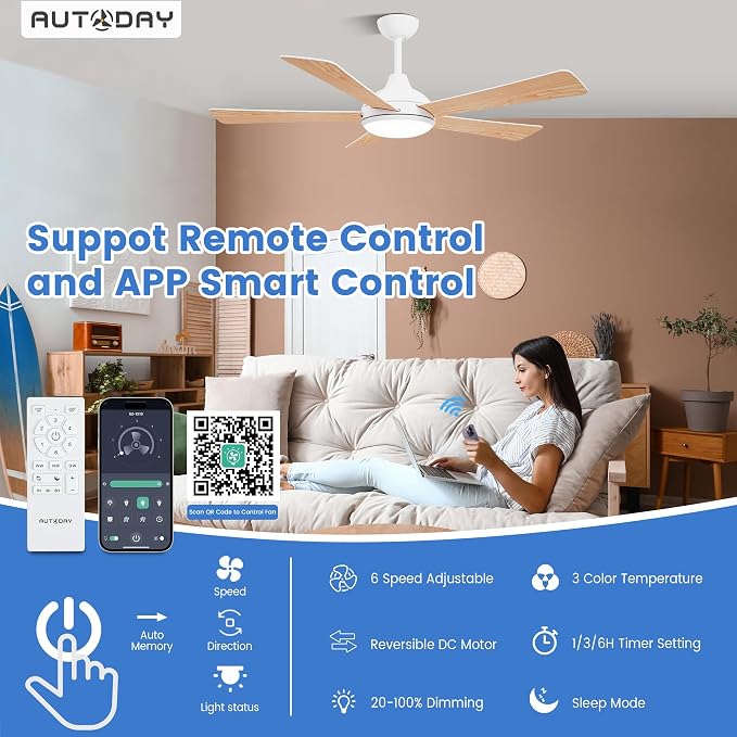 Ceiling Fans with Lights and Remote/App Control: 52 Inch White Ceiling Fan with Light, Quiet Reversible DC Motor, Dimmable Tri-Color LED, Modern Ceiling Fan for Bedroom/Patio, Indoor/Outdoor