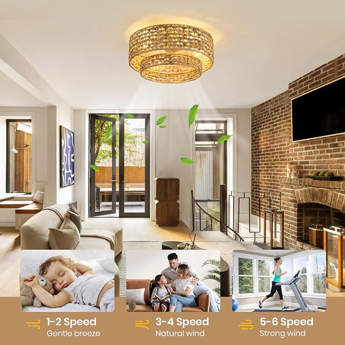 Boho Caged Ceiling Fan with Lights Flush Mount,Handwoven Layered Rattan Fandelier ceiling fan with Remote Control Reversible 6-Speed Enclosed Ceiling Fan Light for Bedroom Living Room Nursery E26