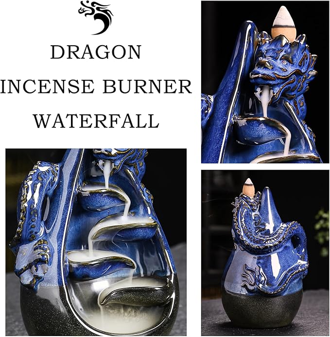Dragon Incense Burner - Ceramic Backflow Waterfall Burner with Dragon Smoke Fountain, Incense Holder, Cones & Tweezer & Fire Mat for Aromatherapy/Yoga/Home/Office Deco