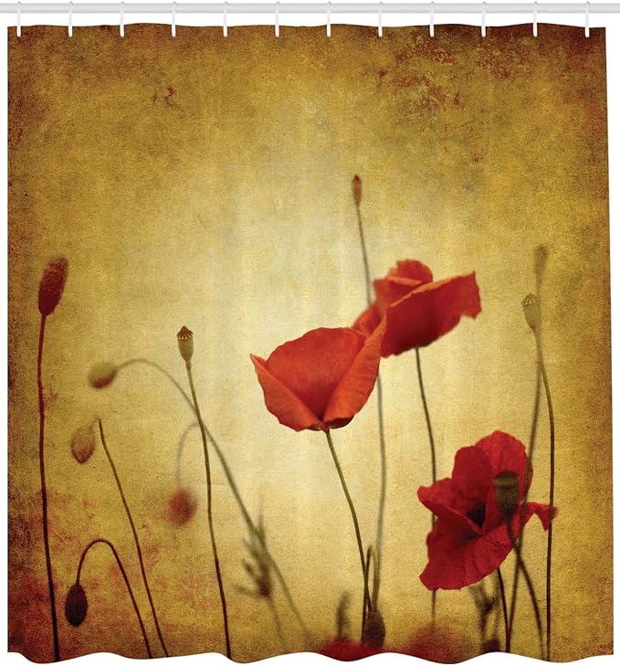Ambesonne Poppy Flower Shower Curtain, Flower and Buds on Ambient Grunge Background Retro Effects Bohemian, Cloth Fabric Bathroom Decor Set with Hooks, 69" W x 84" L, Pale Brown Vermilion