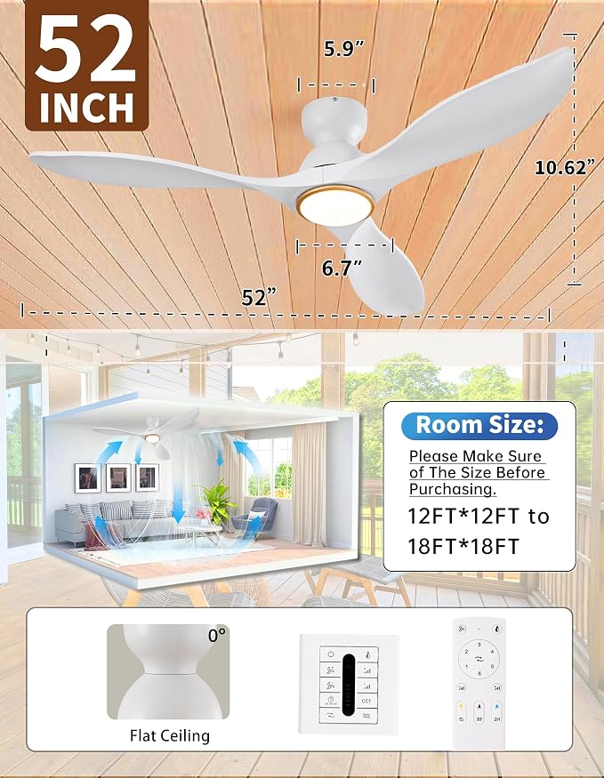 52 Inch Flush Mount White and Gold Ceiling Fans with Lights and Remote,Low Profile Ceiling Fan with Light,Dimmable,Quiet Noiseless DC Motor for Patios,Living Room,Bedroom(Wall Control Switch)