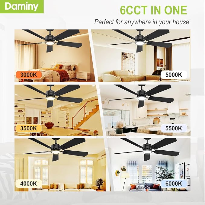 DAMINY 52 inch Ceiling Fan with Light,6CCT,5 Blade,Low Profile Ceiling Fan with Light and Remote Control,Downrods,Black,Living Room,Indoor/Outdoor Use