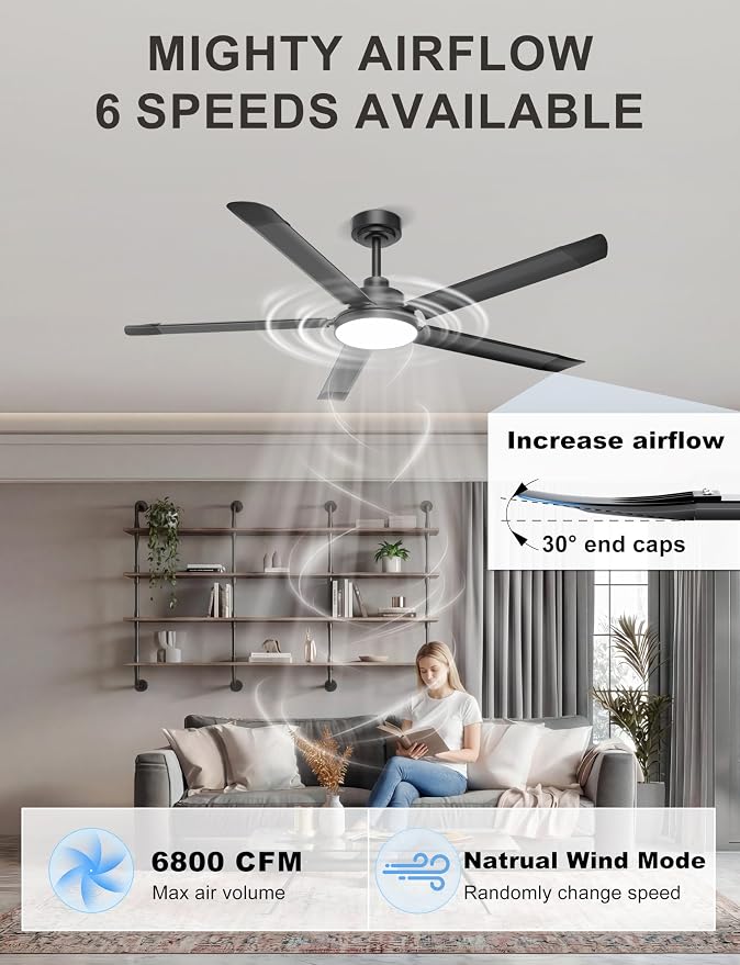 Ohniyou 60'' Ceiling Fan with Lights, Industrial Ceiling Fan with 5 Aluminum Blades, App/Remote Controlled, Dimmable, for Outdoor Patio, Garage, Black