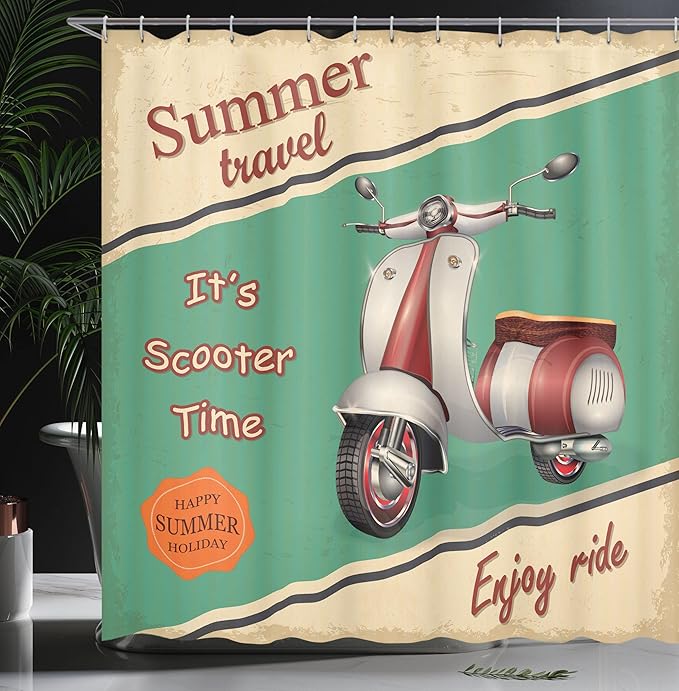 Ambesonne Vintage Shower Curtain, Scooter Motorbike Summer Travel Italian City Sight Hipster Enjoy Ride Illustration, Cloth Fabric Bathroom Decor Set with Hooks, 69" W x 70" L, Eggshell Teal Apricot