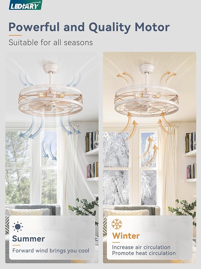 LEDIARY 22 inch Caged Ceiling Fan with Light, Bladeless Industrial Ceiling Fan with Remote, Farmhouse Fan Lights Ceiling Fixtures for Kitchen, Bedroom, Outdoor（6 Speed, Timing）-White and Gold