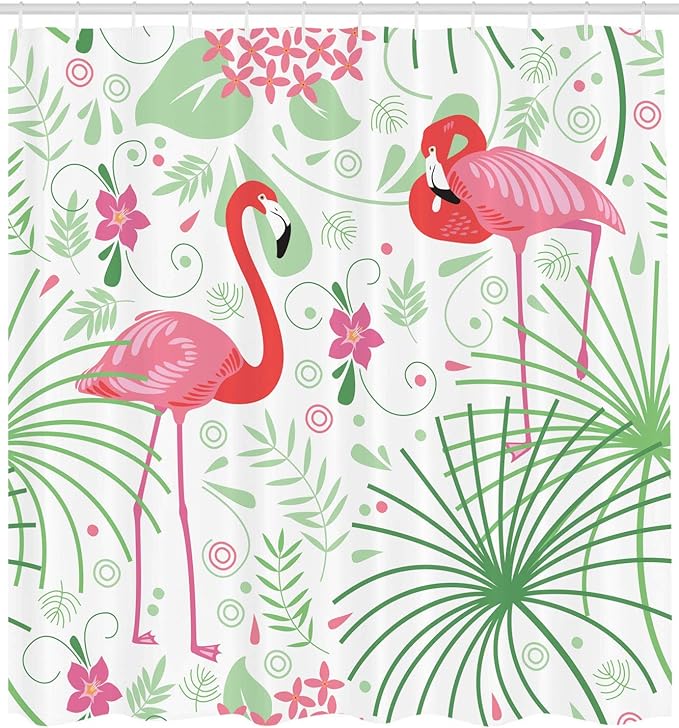 Ambesonne Nautical Shower Curtain, Pastel Colored Floral Pattern of Flamingo Botany Greenery Romantic Soft Tones Design Minimal, Cloth Fabric Bathroom Decor Set with Hooks, 69" W x 70" L, White Green