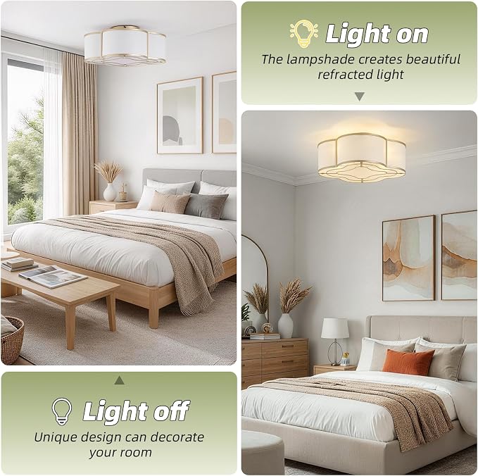 20" Boho Ceiling Fan with Light, Rattan Flush Mount Ceiling Fan with Light Remote Control, Caged Enclosed with 6 Speeds for Bedroom, Living Room, Foyer, Nursery (Gold)
