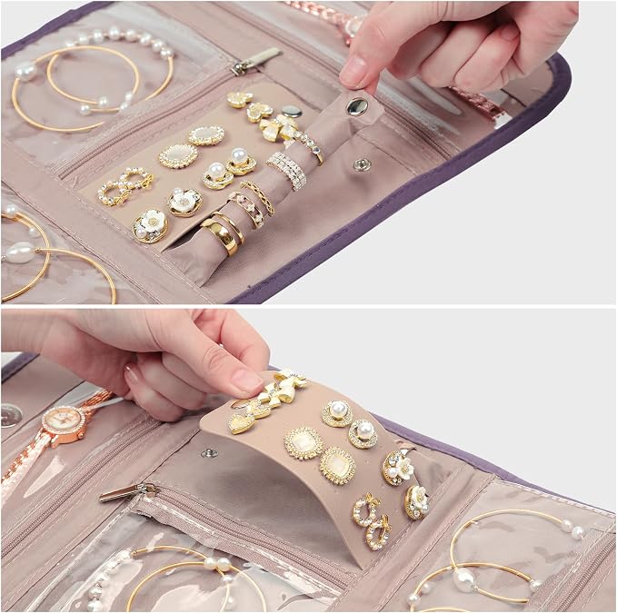 BELALIFE Travel Jewelry Case, Jewelry Organizer Roll for Accessories | Bag with foldable roll design for earrings, necklaces, rings, bracelets and brooches, Purple