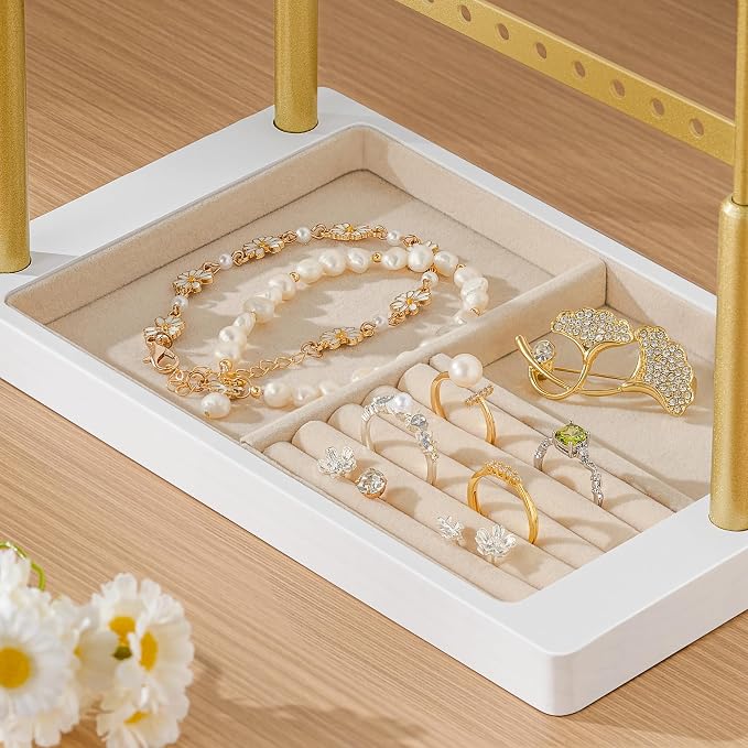 pickpiff Jewelry Organizer Holder Stand: 3 Tier Jewelry Storage Display for Necklace, Bracelet, Earring, Ring, White & Gold