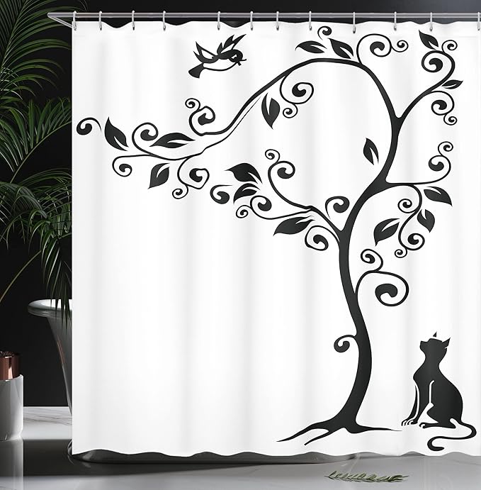 Ambesonne Cat Shower Curtain, Silhouette of Kitty Under Tree and Birds on Swirled Branches Illustration, Cloth Fabric Bathroom Decor Set with Hooks, 69" W x 75" L, White and Black
